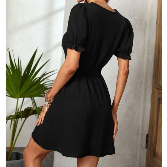 Puff Sleeve Lace Trim Shirred Waist Dress * - Picture 2 of 5